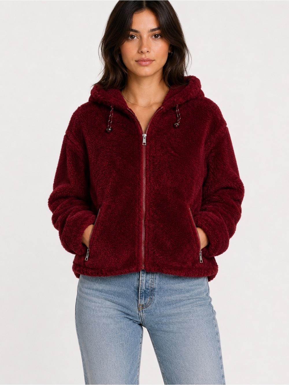 Calvin Klein Burgundy Sherpa Zip-Up Hoodie Jacket